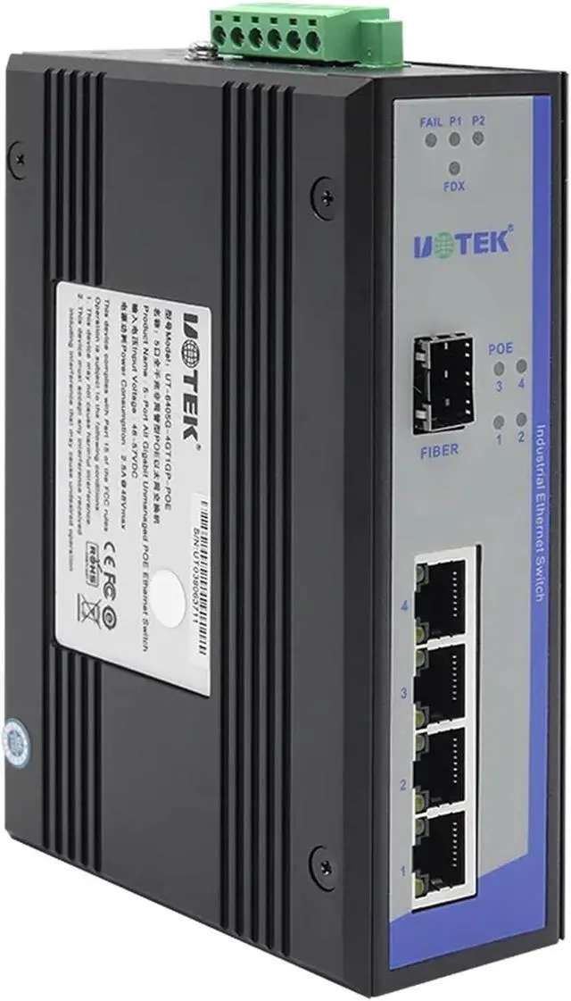 Alt view image 2 of 6 - 1PCS Industrial 1000M 4 Ports Unmanaged Ethernet POE Switch Gigabit Optical Fiber SEP SC Interface DIN-Rail UT-6405G-POE(UT-6405G-4GT1GP-POE)