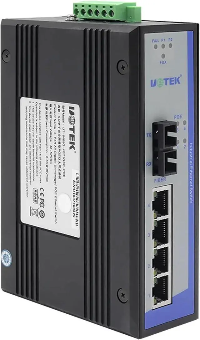Alt view image 3 of 6 - 1PCS Industrial 1000M 4 Ports Unmanaged Ethernet POE Switch Gigabit Optical Fiber SEP SC Interface DIN-Rail UT-6405G-POE(UT-6405G-4GT1GP-POE)