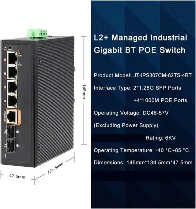 Alt view image 2 of 3 - Industrial Din Rail Switch Gigabit Ethernet L2+Management 6-Port Gigabit BT Industrial Ethernet POE Switch 2 * Gigabit SFP Port+4 * 1000M RJ45 BT Port Switch