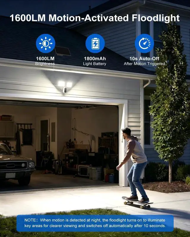 Alt view image 5 of 7 - Solar Floodlight Camera Outdoor, 2K Security Camera with 1600LM Dual Lights, 24/7 Recording, PIR and Motion Alerts, Color Night Vision, 2-Way Audio, Siren, 2.4GHz WiFi, Compatible with Alexa
