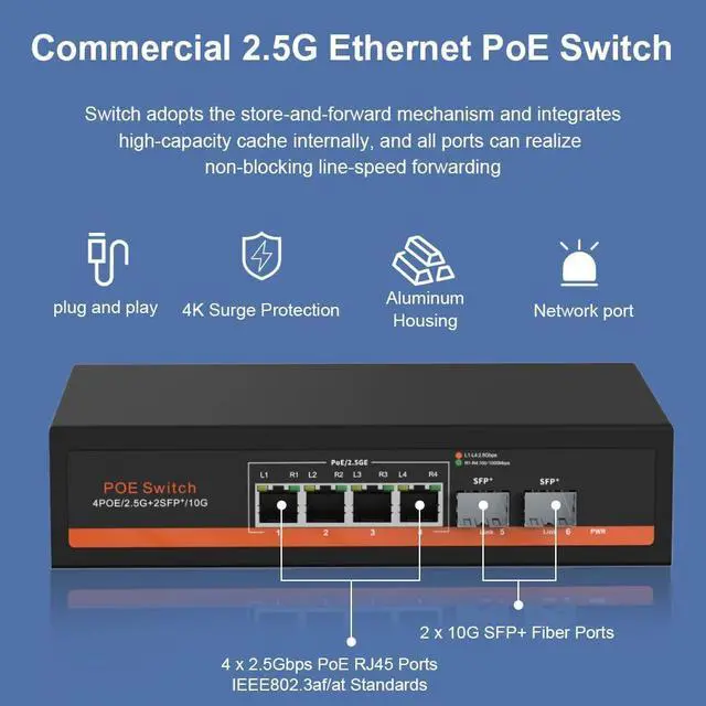 Alt view image 2 of 6 - Commercial 2.5G Ethernet Switch 2.5Gbps 100M/1G/2.5G, 10G SFP+ Fiber Ports 2.5G High-Speed Transmission Network Switch Non-Blocking (LNK-2.5G-204P)