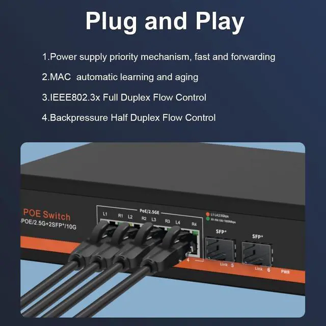 Alt view image 4 of 6 - Commercial 2.5G Ethernet Switch 2.5Gbps 100M/1G/2.5G, 10G SFP+ Fiber Ports 2.5G High-Speed Transmission Network Switch Non-Blocking (LNK-2.5G-204P)