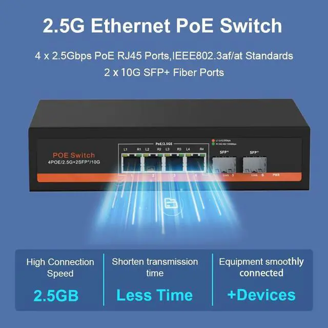 Alt view image 3 of 6 - Commercial 2.5G Ethernet Switch 2.5Gbps 100M/1G/2.5G, 10G SFP+ Fiber Ports 2.5G High-Speed Transmission Network Switch Non-Blocking (LNK-2.5G-204P)