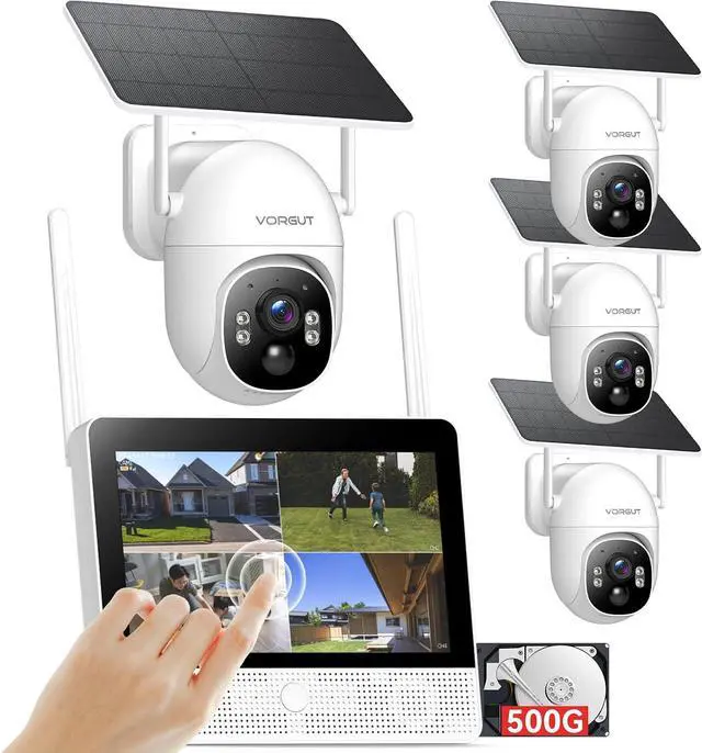 Main image of Solar Security Cameras Wireless Outdoor System with 10'' Touch Monitor 10CH NVR, 4MP WiFi6 Cameras for Home Security, 355° Pan 90° Tilt, Night Color, 2-Way Audio, 500G HDD, 0 Monthly Fee, 4 Cam-Kit