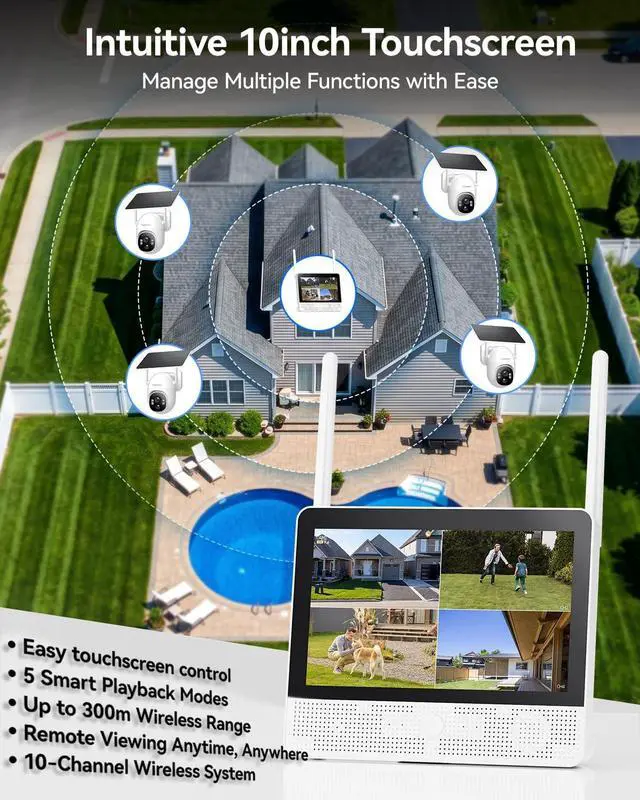Alt view image 3 of 7 - Solar Security Cameras Wireless Outdoor System with 10'' Touch Monitor 10CH NVR, 4MP WiFi6 Cameras for Home Security, 355° Pan 90° Tilt, Night Color, 2-Way Audio, 500G HDD, 0 Monthly Fee, 4 Cam-Kit