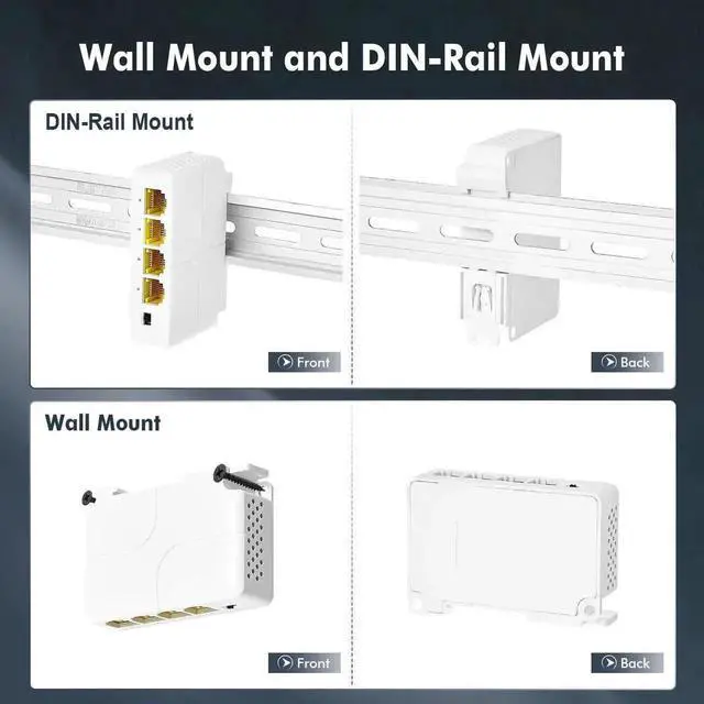 Alt view image 2 of 6 - Gigabit PoE Passthrough Switch 1-in 3-Out Extender, IEEE 802.3af/at, 10/100/1000Mbps, 30W Input 24W Output, DIN-Rail & Wall Mount, for IP Camera AP VoIP Phone