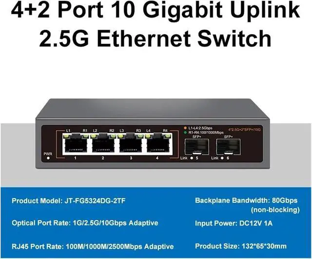 Alt view image 2 of 2 - 2.5G Network Switch 4/8 Port Ethernet Switch,JT-FG5318DG-1TF JT-FG5324DG-2TF with 2*10G SFP(JT-FG5324DG-2TF)