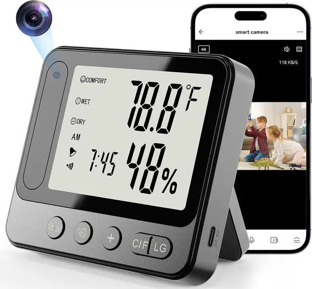Main image of Hidden Camera Thermometer Hygrometer, 4K Discreet Nanny Camera - WiFi Remote View, Night Vision, Motion Detection,3-in-1 Wireless Spy Camera for Home/Office/Pet (Black)