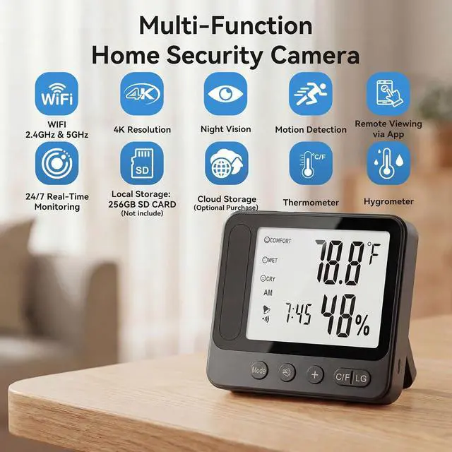 Alt view image 2 of 7 - Hidden Camera Thermometer Hygrometer, 4K Discreet Nanny Camera - WiFi Remote View, Night Vision, Motion Detection,3-in-1 Wireless Spy Camera for Home/Office/Pet (Black)
