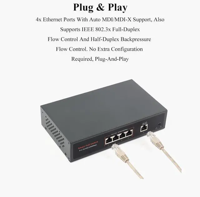Alt view image 3 of 7 - 120W Gigabit Ethernet PoE Switch, 4X PoE+ Ports, Up to 30W Per Port, 802.3af/at Compliant, Fanless Design, High-Speed 10/100/1000M Ethernet Port, Network Switch PoE