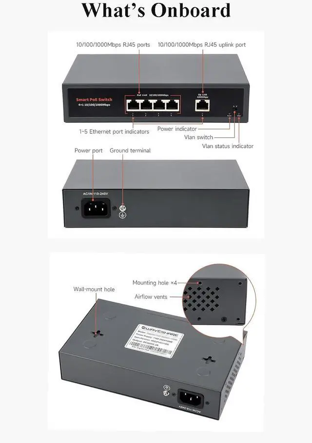 Alt view image 7 of 7 - 120W Gigabit Ethernet PoE Switch, 4X PoE+ Ports, Up to 30W Per Port, 802.3af/at Compliant, Fanless Design, High-Speed 10/100/1000M Ethernet Port, Network Switch PoE
