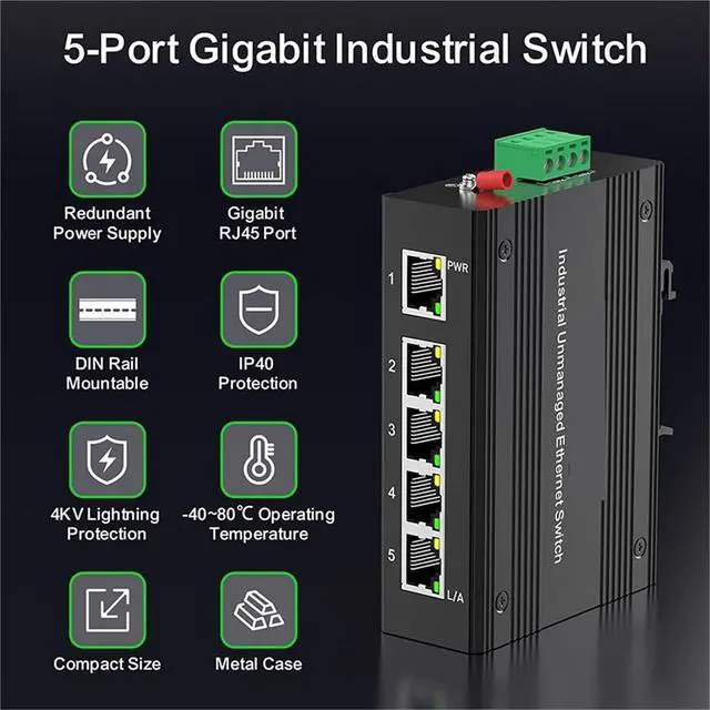 Alt view image 2 of 6 - 5 Port Gigabit Unmanaged Industrial Switch with DIN Rail 15W Power Supply 1000M Ethernet IP40 and Play