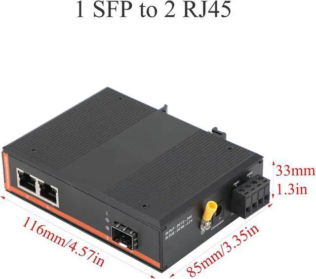 Alt view image 4 of 7 - 2PCS Industrial Network Switch Gigabit Ethernet Fiber Optic Converter - 1SFP to 2 RJ45, 10/100/1000M, IP40, Din Rail Mount