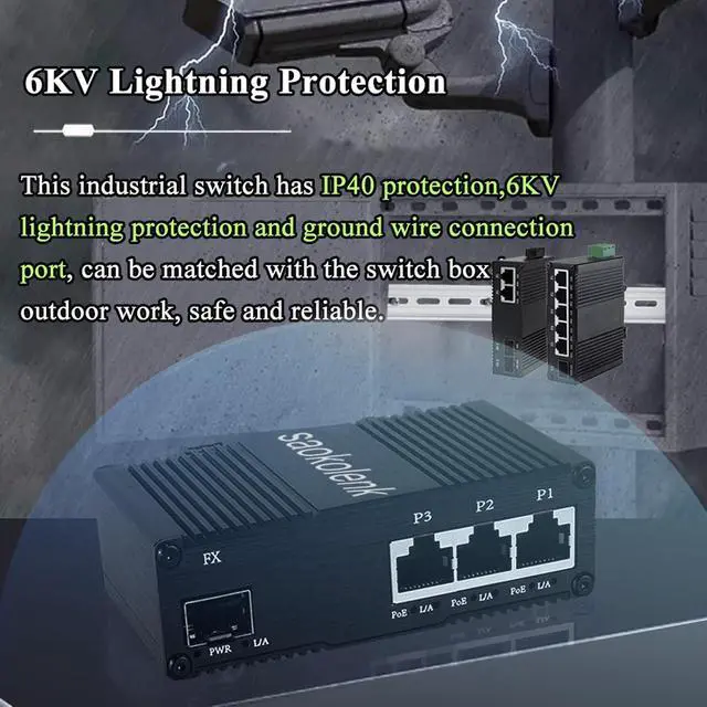 Alt view image 5 of 7 - Industrial 3 Ports Gigabit Ethernet Switch with 1 SFP 9-56V DC Unmanaged 1000M 60W PoE Network Switch Din Rail 3 RJ45 1 SFP Fiber Switch IEEE802.3af/at/bt (60W PoE)