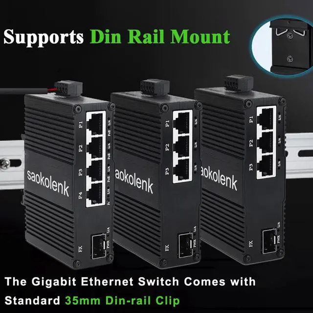 Alt view image 6 of 7 - Industrial 3 Ports Gigabit Ethernet Switch with 1 SFP 9-56V DC Unmanaged 1000M 60W PoE Network Switch Din Rail 3 RJ45 1 SFP Fiber Switch IEEE802.3af/at/bt (60W PoE)