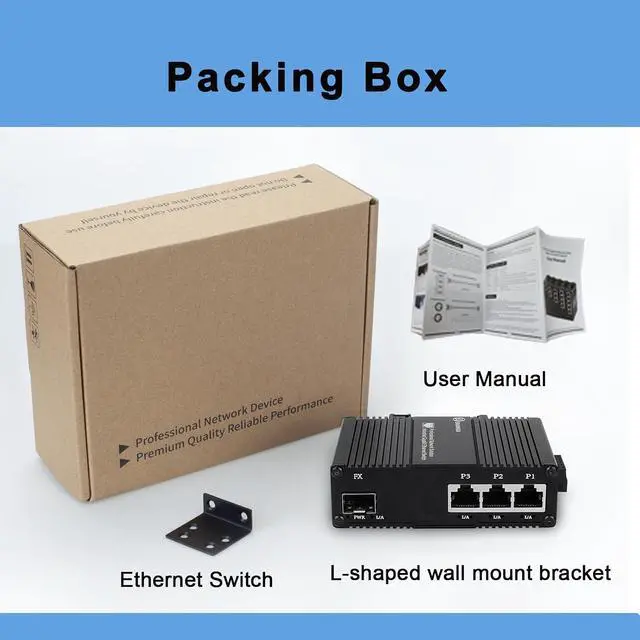 Alt view image 7 of 7 - Industrial 3 Ports Gigabit Ethernet Switch with 1 SFP 9-56V DC Unmanaged 1000M 60W PoE Network Switch Din Rail 3 RJ45 1 SFP Fiber Switch IEEE802.3af/at/bt (60W PoE)
