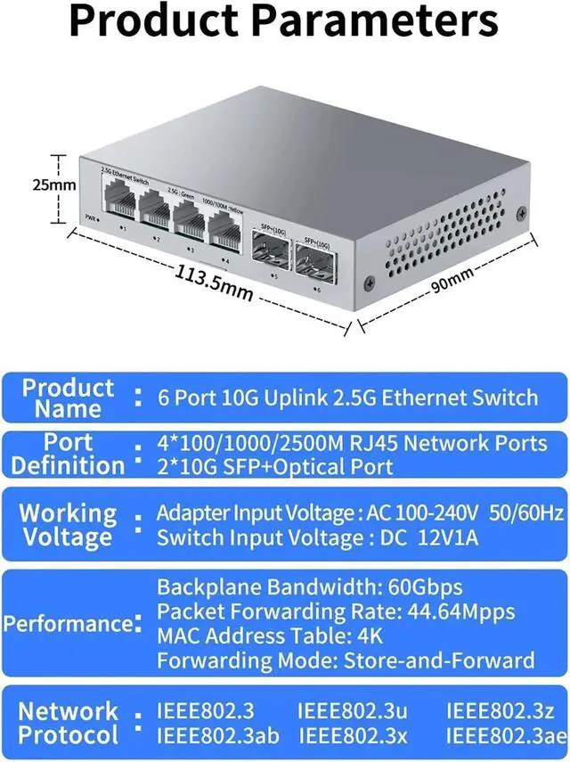 Alt view image 3 of 7 - Network Switch 2.5Gb Network Switch 2.5GBASE-T 4 Port 2.5G RJ45 with 2 Port 10G SFP+ Fanless Unmanaged(US Adapter)