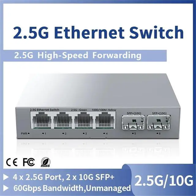 Alt view image 2 of 7 - Network Switch 2.5Gb Network Switch 2.5GBASE-T 4 Port 2.5G RJ45 with 2 Port 10G SFP+ Fanless Unmanaged(US Adapter)