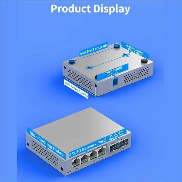 Alt view image 6 of 7 - Network Switch 2.5Gb Network Switch 2.5GBASE-T 4 Port 2.5G RJ45 with 2 Port 10G SFP+ Fanless Unmanaged(US Adapter)