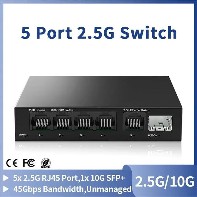 Alt view image 2 of 7 - Network Switch 5 Port 2.5GbE Ethernet Switch Unmanaged 2.5Gbps Network Switch 1 Port 10Gb SFP(EU Adapter)