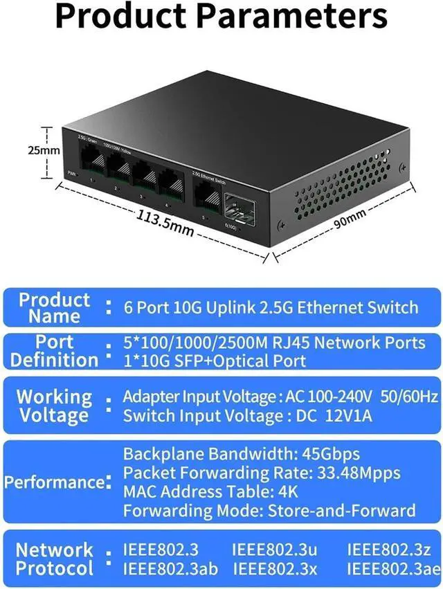 Alt view image 4 of 7 - Network Switch 5 Port 2.5GbE Ethernet Switch Unmanaged 2.5Gbps Network Switch 1 Port 10Gb SFP(EU Adapter)
