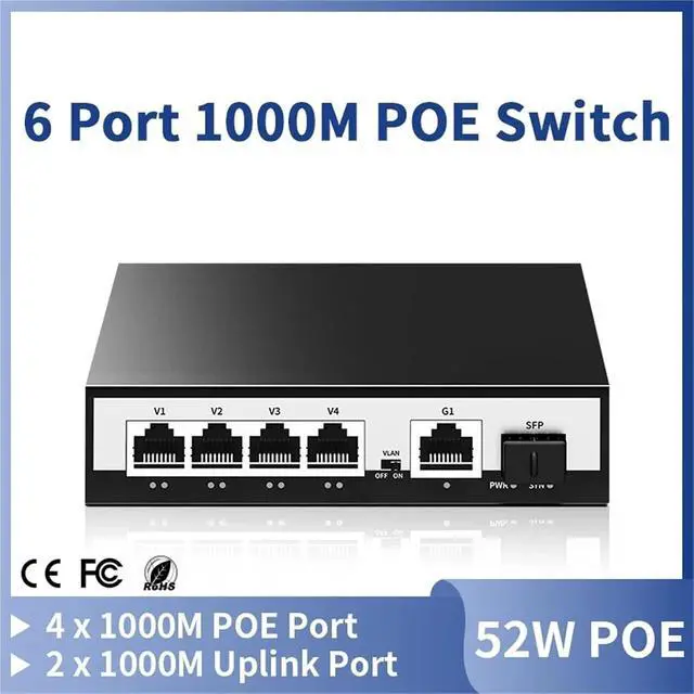 Alt view image 2 of 7 - Network Switch 6 Port Gigabit POE Switch 1000Mbps Active POE Network Switch 52W(AU Adapter)