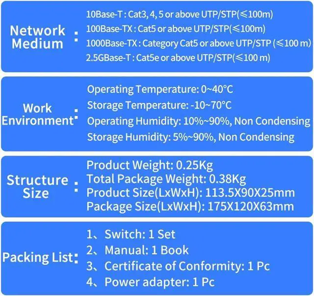 Alt view image 5 of 7 - Network Switch 5 Port 2.5GbE Ethernet Switch Unmanaged 2.5Gbps Network Switch 1 Port 10Gb SFP(EU Adapter)