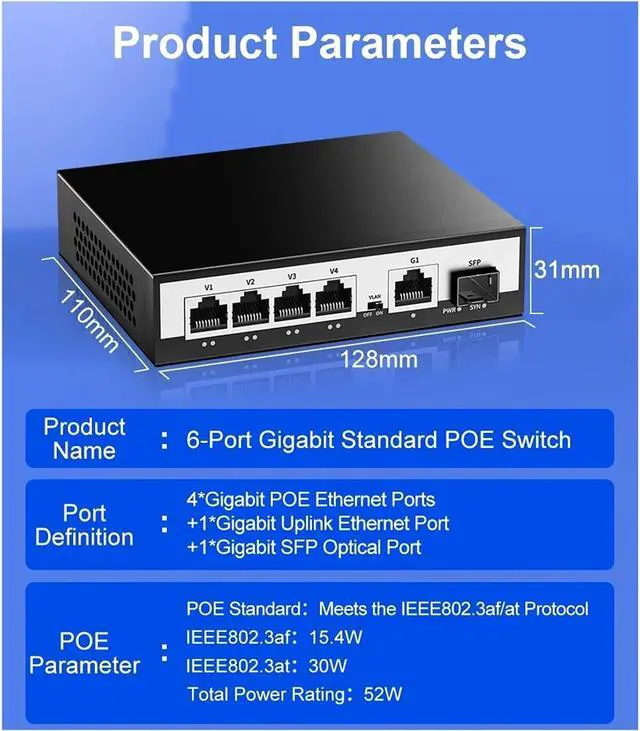 Alt view image 3 of 7 - Network Switch 6 Port Gigabit POE Switch 1000Mbps Active POE Network Switch 52W(AU Adapter)