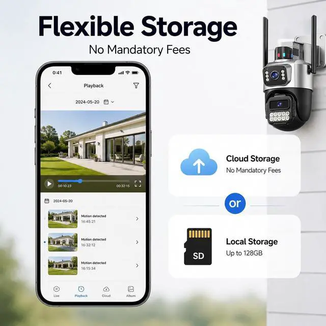 Alt view image 7 of 7 - Cameras for Home Security, 6MP Dual Lens Outdoor Security Camera, 5GHz/2.4GHz WiFi, Auto Tracking, Color Night Vision, Plug-in Power, 2-Way Audio, IP66 Waterproof, SD/Cloud