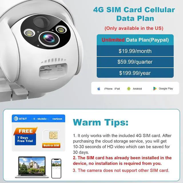 Alt view image 7 of 7 - 4G LTE Cellular Security Camera, No WiFi Solar Powered Wireless Outdoor Camera with Built in SIM Card, 2K Color Night Vision, 360° Full View, PIR Motion Detection & Siren, 2 Way Talk