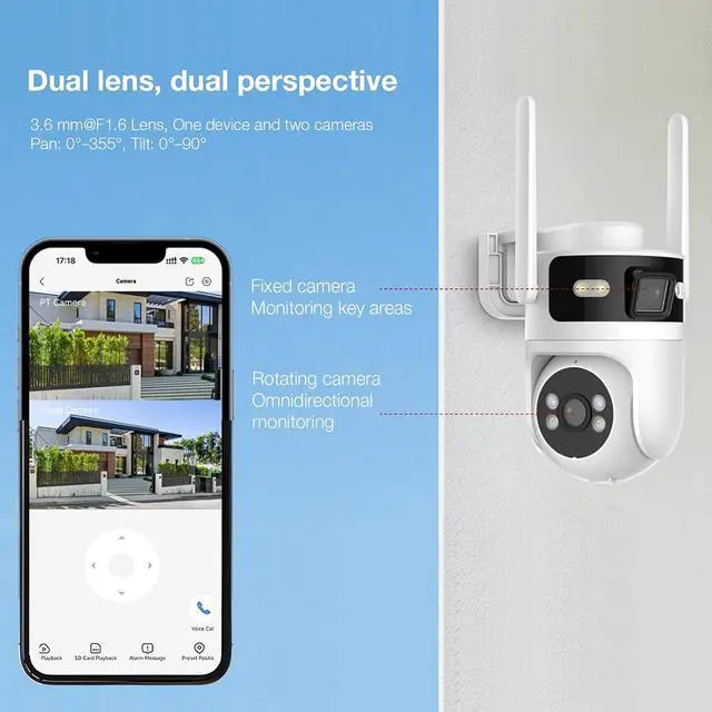 Alt view image 3 of 6 - 8MP Dual Lens WiFi Security Camera Outdoor, AOV 24/7 Recording Surveillance Cam, PTZ Outdoor Plug-in Camera for Home Security with Auto Tracking, APP Alarm, Night Vision, 5G/2.4G WiFi, IP65