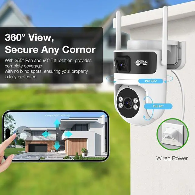Alt view image 6 of 6 - 8MP Dual Lens WiFi Security Camera Outdoor, AOV 24/7 Recording Surveillance Cam, PTZ Outdoor Plug-in Camera for Home Security with Auto Tracking, APP Alarm, Night Vision, 5G/2.4G WiFi, IP65