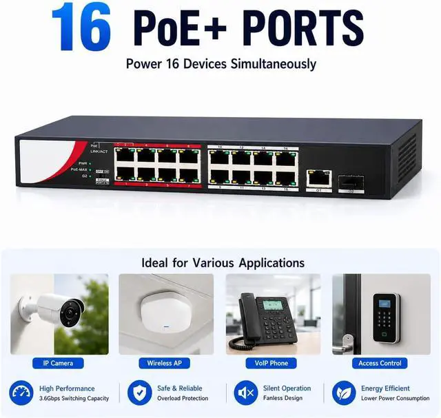 Alt view image 2 of 4 - DS-3E0318P-E/M (B) 16-Port Fast Ethernet PoE Switch Support 10/100M with 2-Port FE Network Uplink 802.3af/at Built-in DC48V Power Supply 820ft 250m Data Transmission