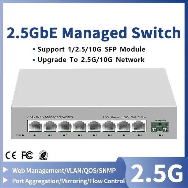 Alt view image 3 of 7 - Network Switch 2.5GbE Managed Switch 8 Port 2.5GBASE-T Network Switcher 10G SFP+ Slot Uplink Web Managed(AU Adapter)