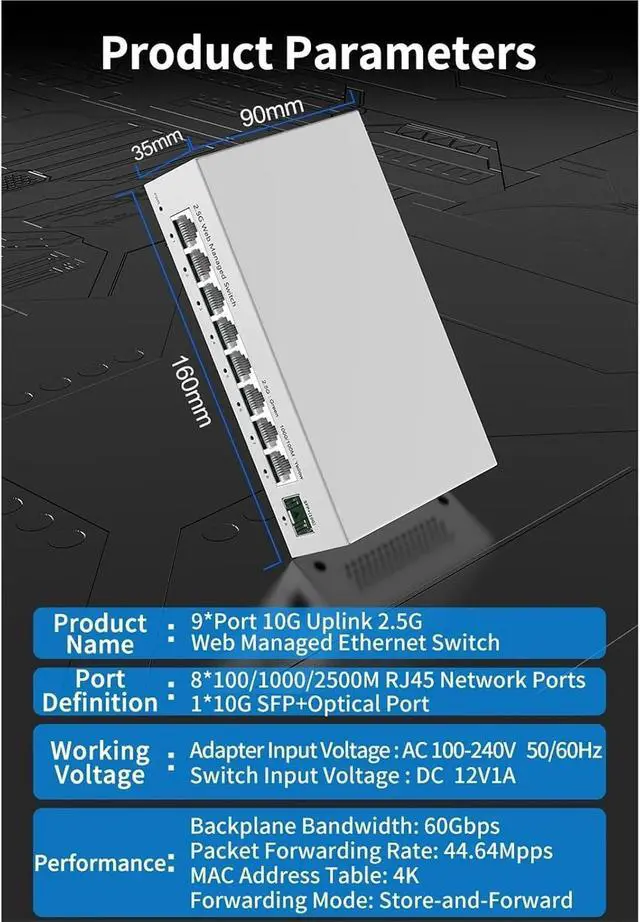 Alt view image 4 of 7 - Network Switch 2.5GbE Managed Switch 8 Port 2.5GBASE-T Network Switcher 10G SFP+ Slot Uplink Web Managed(AU Adapter)