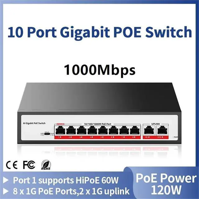 Alt view image 2 of 7 - Network Switch 10 Port Gigabit POE Switch 1000Mbps Active POE Network Switch 120W(AU Adapter)