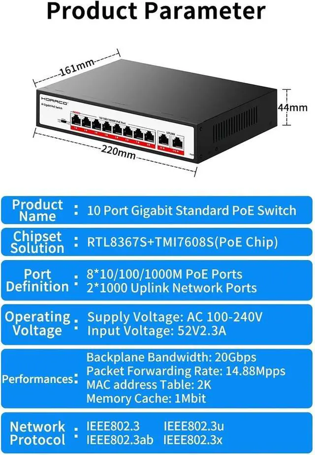 Alt view image 6 of 7 - Network Switch 10 Port Gigabit POE Switch 1000Mbps Active POE Network Switch 120W(AU Adapter)