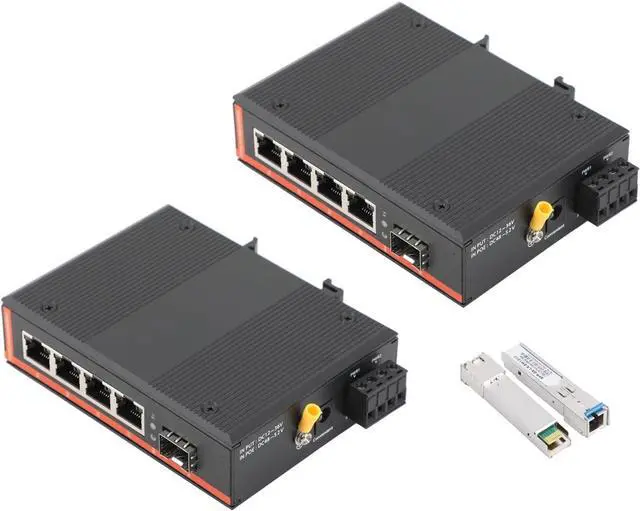 Main image of 2PCS Industrial Network Switch Gigabit Ethernet Fiber Optic Converter - 1SFP to 4 RJ45, with 1Pair SFP Moudle-SC 3KM, 10/100/1000M, IP40, Din Rail Mount