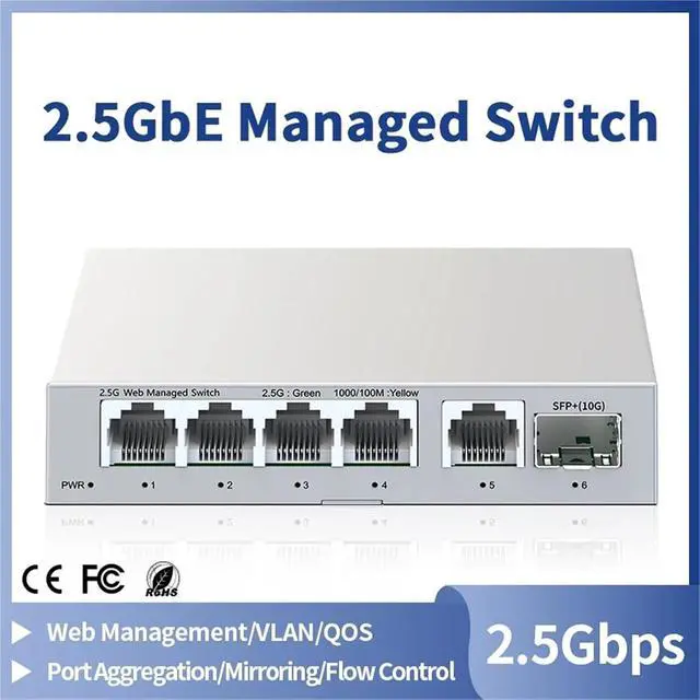 Alt view image 3 of 7 - Network Switch 2.5GbE Managed Switch 5 Port 2500Mbps Network 10G SFP+ Slot Uplink Web Managed(EU Adapter)