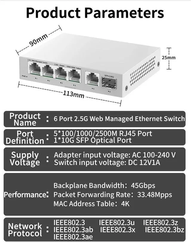 Alt view image 4 of 7 - Network Switch 2.5GbE Managed Switch 5 Port 2500Mbps Network 10G SFP+ Slot Uplink Web Managed(EU Adapter)