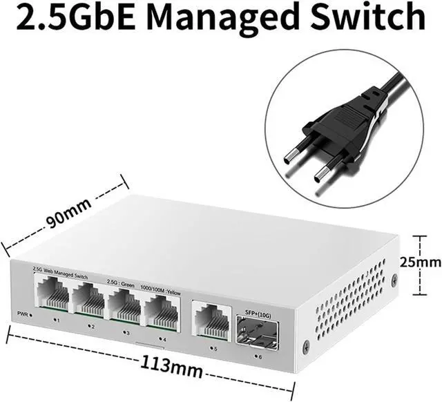 Alt view image 2 of 7 - Network Switch 2.5GbE Managed Switch 5 Port 2500Mbps Network 10G SFP+ Slot Uplink Web Managed(EU Adapter)