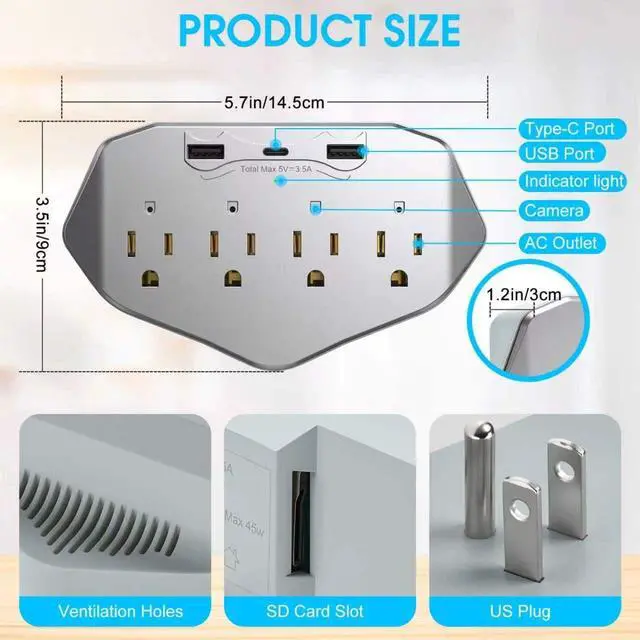 Alt view image 3 of 7 - Hidden Camera Wall Outlet Extender, 1080P HD WiFi Spy Camera with 4 AC Outlets, USB & Type-C Ports, Motion Detection, Loop Recording, Remote View for Home/Office Security