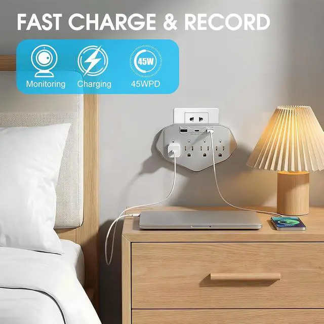 Alt view image 2 of 7 - Hidden Camera Wall Outlet Extender, 1080P HD WiFi Spy Camera with 4 AC Outlets, USB & Type-C Ports, Motion Detection, Loop Recording, Remote View for Home/Office Security