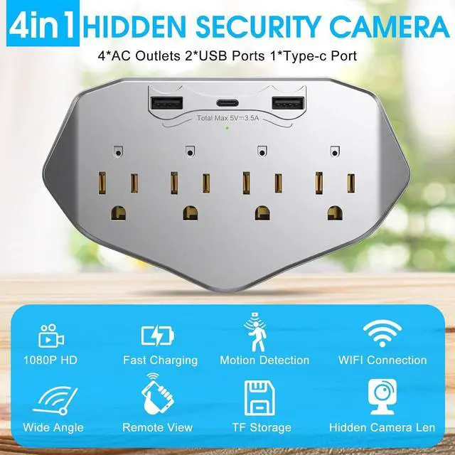 Alt view image 7 of 7 - Hidden Camera Wall Outlet Extender, 1080P HD WiFi Spy Camera with 4 AC Outlets, USB & Type-C Ports, Motion Detection, Loop Recording, Remote View for Home/Office Security