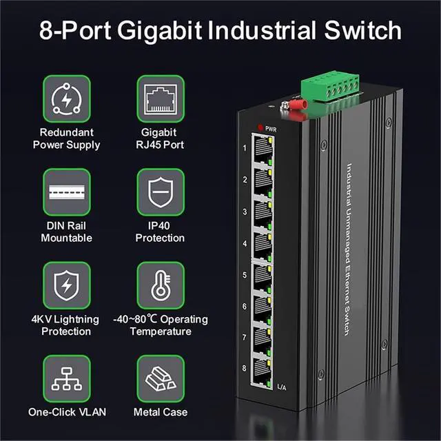 Alt view image 2 of 6 - 8 Port Gigabit Industrial Switch with DIN Rail 15W Power Supply 1000M Unmanaged Ethernet IP40 One-Key VLAN