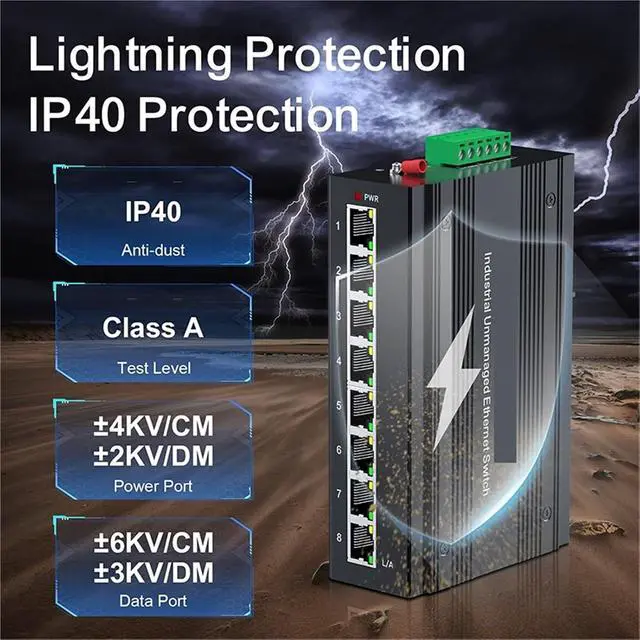 Alt view image 3 of 6 - 8 Port Gigabit Industrial Switch with DIN Rail 15W Power Supply 1000M Unmanaged Ethernet IP40 One-Key VLAN