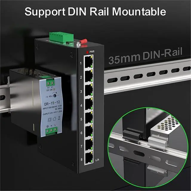 Alt view image 4 of 6 - 8 Port Gigabit Industrial Switch with DIN Rail 15W Power Supply 1000M Unmanaged Ethernet IP40 One-Key VLAN