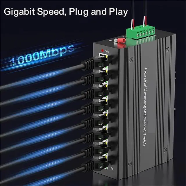 Alt view image 6 of 6 - 8 Port Gigabit Industrial Switch with DIN Rail 15W Power Supply 1000M Unmanaged Ethernet IP40 One-Key VLAN