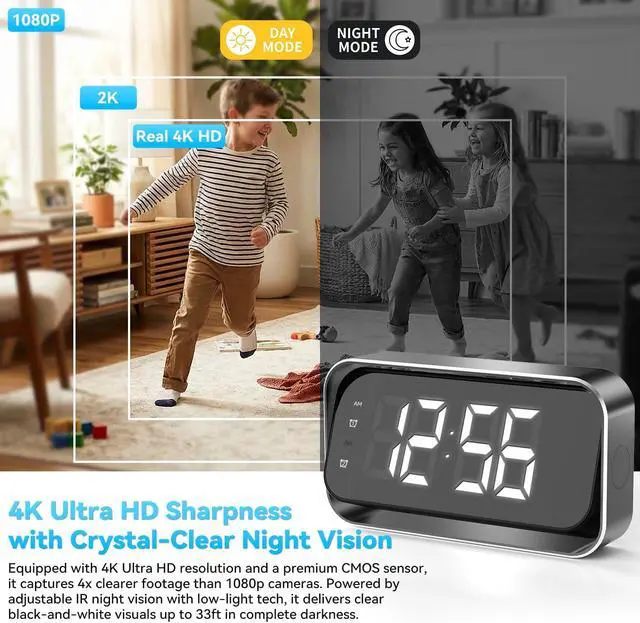 Alt view image 3 of 7 - 4K FHD Security Mini Camera Alarm Clock, 2.4G&5G WiFi Nanny Cam with Night Vision and Motion Detection Alert, Wide Angle Surveillance Camera for Pet Baby Monitoring, APP Remote Control by Mobile Phone