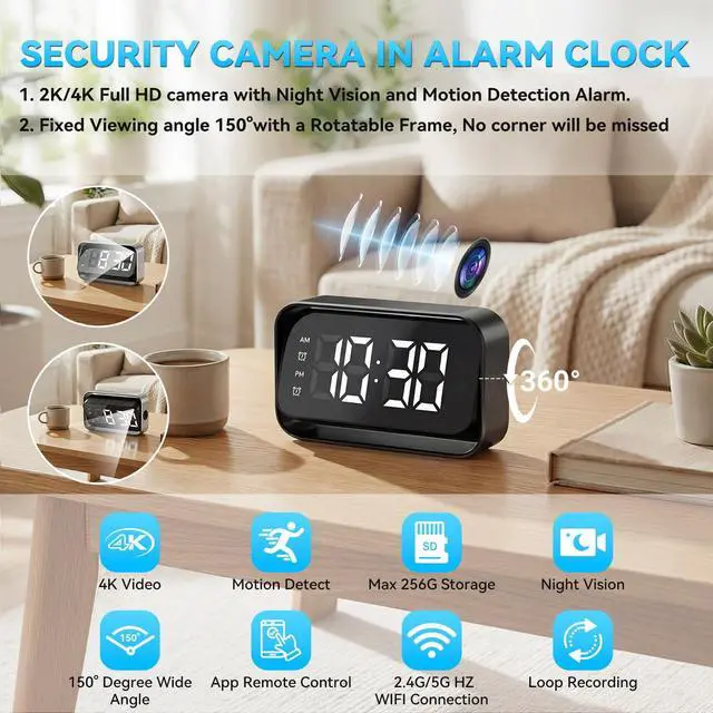 Alt view image 2 of 7 - 4K FHD Security Mini Camera Alarm Clock, 2.4G&5G WiFi Nanny Cam with Night Vision and Motion Detection Alert, Wide Angle Surveillance Camera for Pet Baby Monitoring, APP Remote Control by Mobile Phone